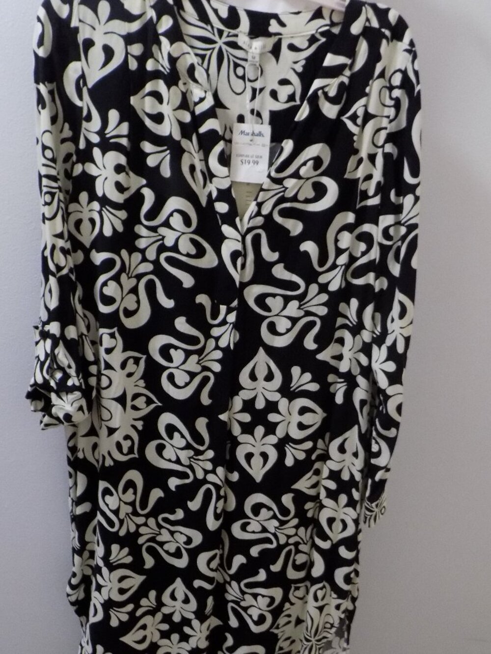 Alex and Lili V-Neck Long Sleeve Black & White Patterned Shirt Dress